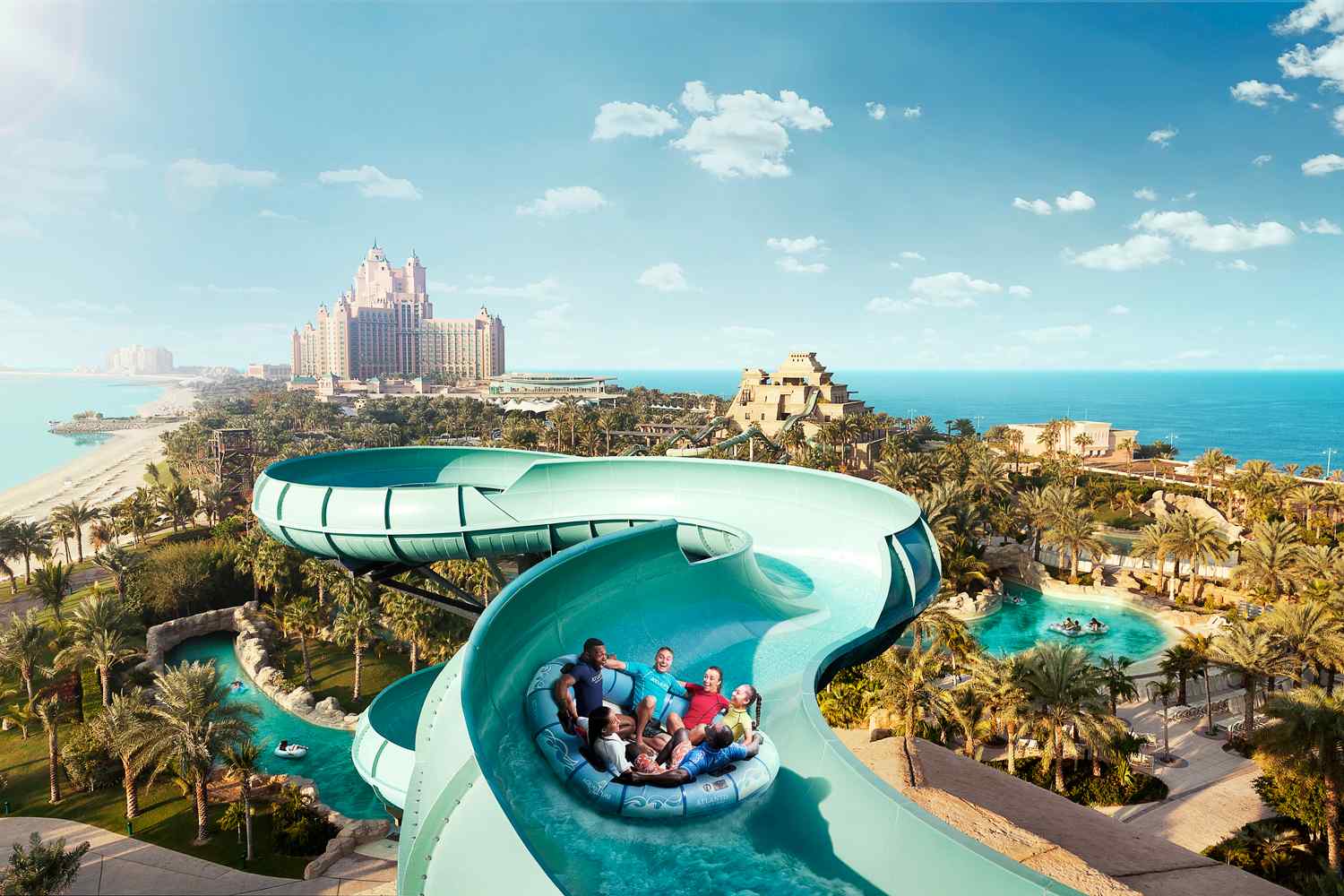 Embark on the thrilling Burj Surj, a tube ride for two to five people, spinning through enormous bowls and twisting slides.